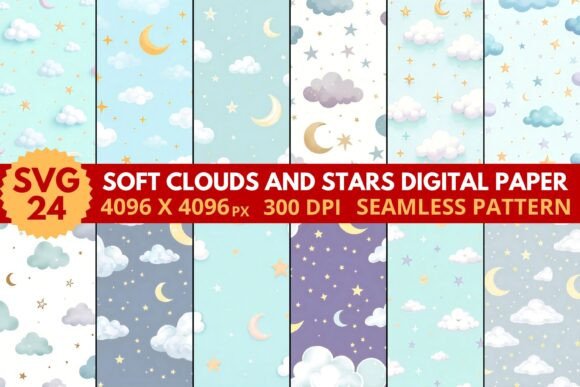 Download Soft Clouds and Stars Digital Paper - Digital Collection