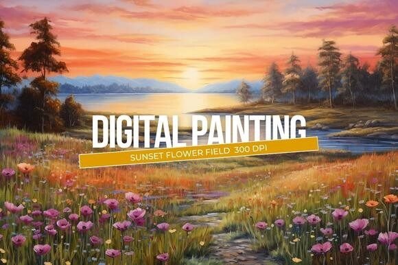 Download Sunset Flower Field Digital Painting - Digital Collection