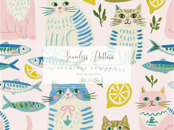 Download Cute Pastel Cat Seamless Pattern with Fish and Lemons - Pattern Collection